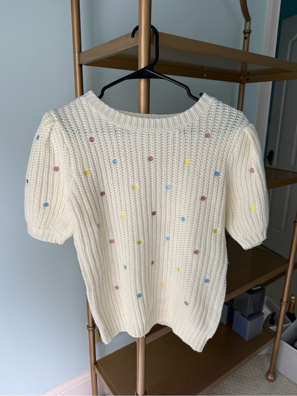 English Factory Cream Short Sleeve Knit Sweater with Pastel Dots